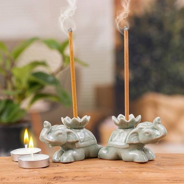 Alternate image for 2 Elephant-Shaped Green Celadon Ceramic Incense Holders Green Pachyderm Beauty