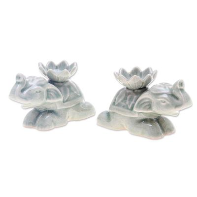 Alternate image for 2 Elephant-Shaped Green Celadon Ceramic Incense Holders Green Pachyderm Beauty