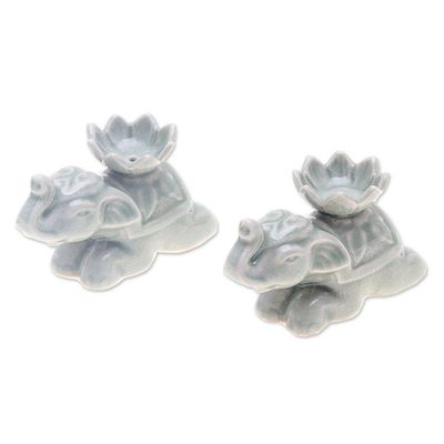 Alternate image for 2 Elephant-Shaped Green Celadon Ceramic Incense Holders Green Pachyderm Beauty