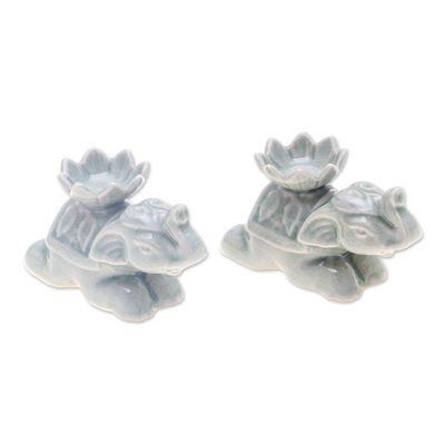 Alternate image for 2 Elephant-Shaped Green Celadon Ceramic Incense Holders Green Pachyderm Beauty