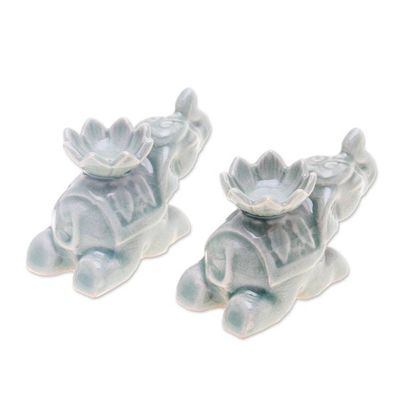 Alternate image for 2 Elephant-Shaped Green Celadon Ceramic Incense Holders Green Pachyderm Beauty