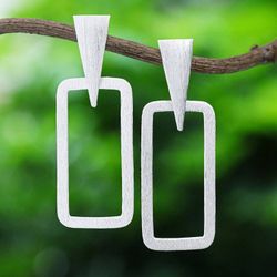 Image for Modern Sterling Silver Rectangle Dangle Earrings Frosted Windows