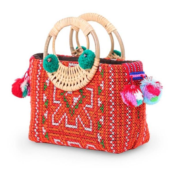 Alternate image for Hill Tribe Cotton and Natural Fiber Handle Bag with Pompons Hill Tribe Allure