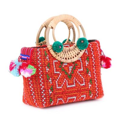 Alternate image for Hill Tribe Cotton and Natural Fiber Handle Bag with Pompons Hill Tribe Allure
