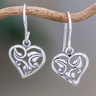 Primary image for Leaf Motif Sterling Silver Heart Earrings from Thailand Natural Lover