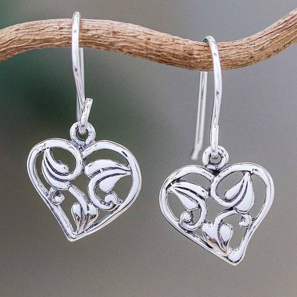 Alternate image for Leaf Motif Sterling Silver Heart Earrings from Thailand Natural Lover
