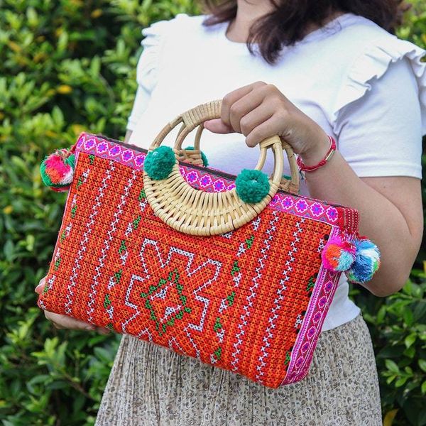 Alternate image for Hill Tribe Folk Art Bohemian Cotton Natural Fiber Handle Bag Hill Tribe Glamour