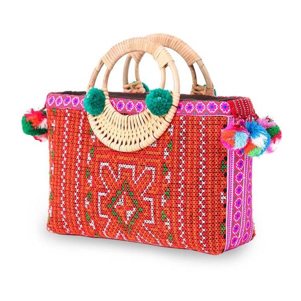 Alternate image for Hill Tribe Folk Art Bohemian Cotton Natural Fiber Handle Bag Hill Tribe Glamour