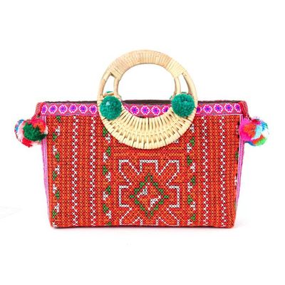 Alternate image for Hill Tribe Folk Art Bohemian Cotton Natural Fiber Handle Bag Hill Tribe Glamour