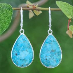 Image for Reconstituted Turquoise Silver Teardrop Dangle Earrings Mountain Sky