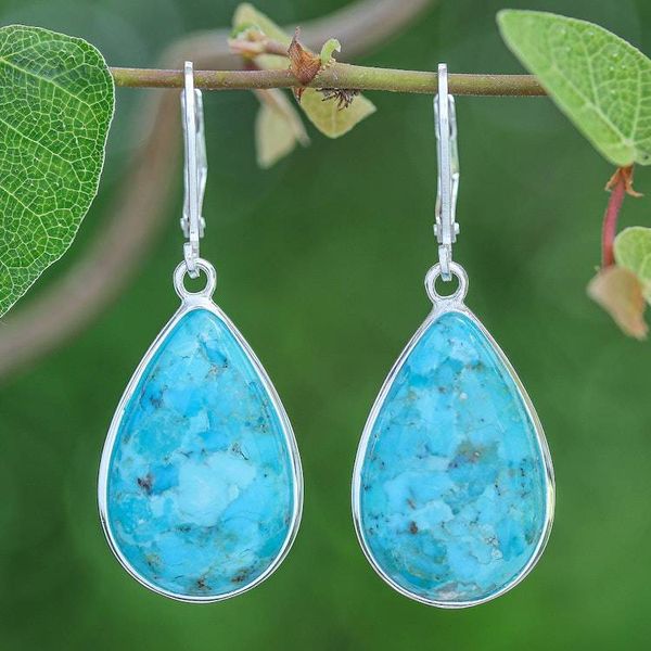 Alternate image for Reconstituted Turquoise Silver Teardrop Dangle Earrings Mountain Sky
