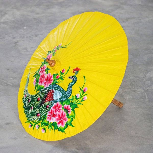 Alternate image for Hand-Painted Peacock-Themed Cotton and Bamboo Parasol Sunrise Divinity