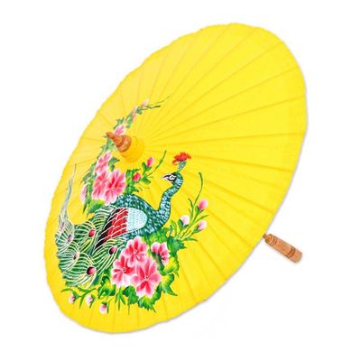 Alternate image for Hand-Painted Peacock-Themed Cotton and Bamboo Parasol Sunrise Divinity