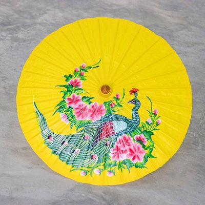 Alternate image for Hand-Painted Peacock-Themed Cotton and Bamboo Parasol Sunrise Divinity