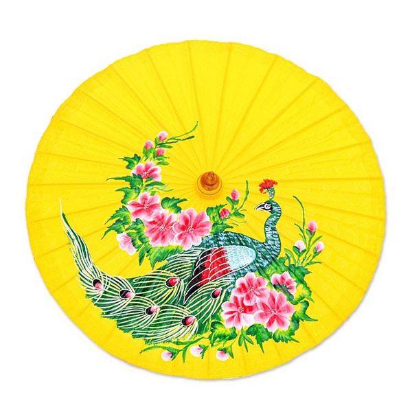 Alternate image for Hand-Painted Peacock-Themed Cotton and Bamboo Parasol Sunrise Divinity