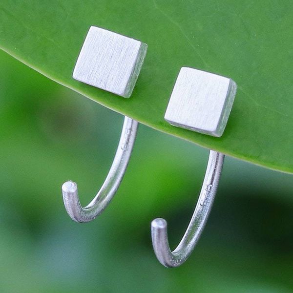Alternate image for Minimalist Matte Square Sterling Silver Ear Cuff Earrings Sole Square