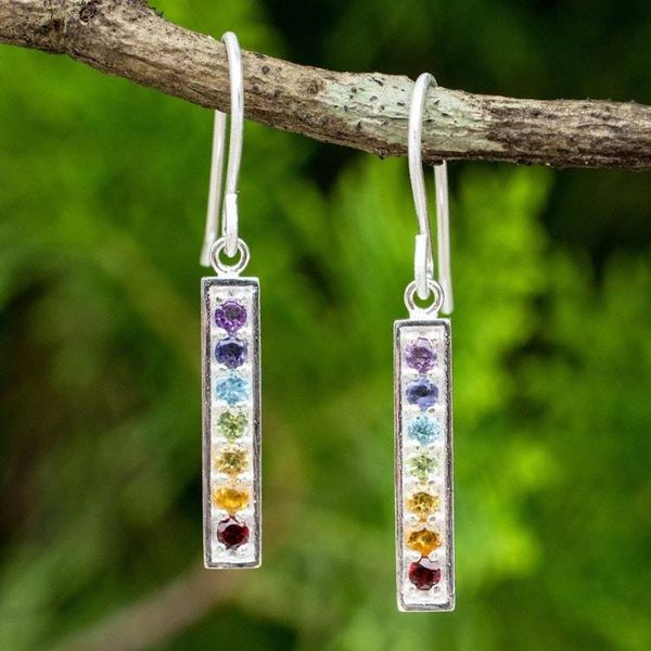Alternate image for Multi Gemstones on Sterling Silver Bar Chakra Earrings Chakra Honor