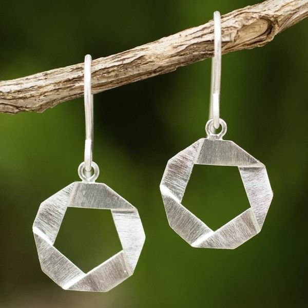 Alternate image for Geometric Themed Sterling Silver 925 Dangle Earrings Pentagon