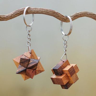Primary image for Tiny Wood Puzzle Keychains Pair Star and Burr