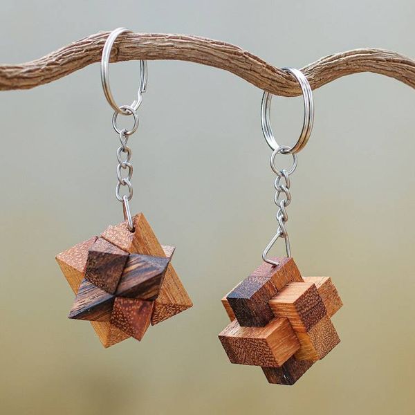 Alternate image for Tiny Wood Puzzle Keychains Pair Star and Burr