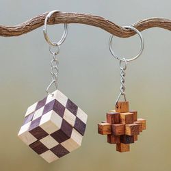 Image for Real Wood Puzzle Keychains Pair Snake and Falling Star