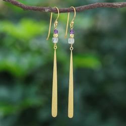 Image for Gold-Plated Prehnite and Amethyst Dangle Earrings Golden Dewdrop