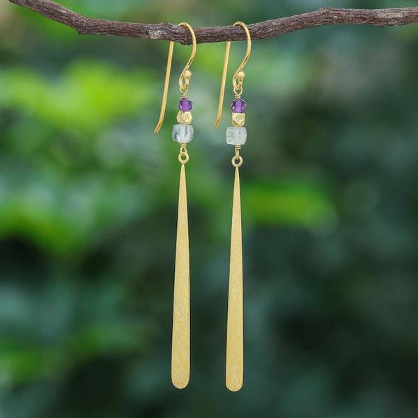 Alternate image for Gold-Plated Prehnite and Amethyst Dangle Earrings Golden Dewdrop