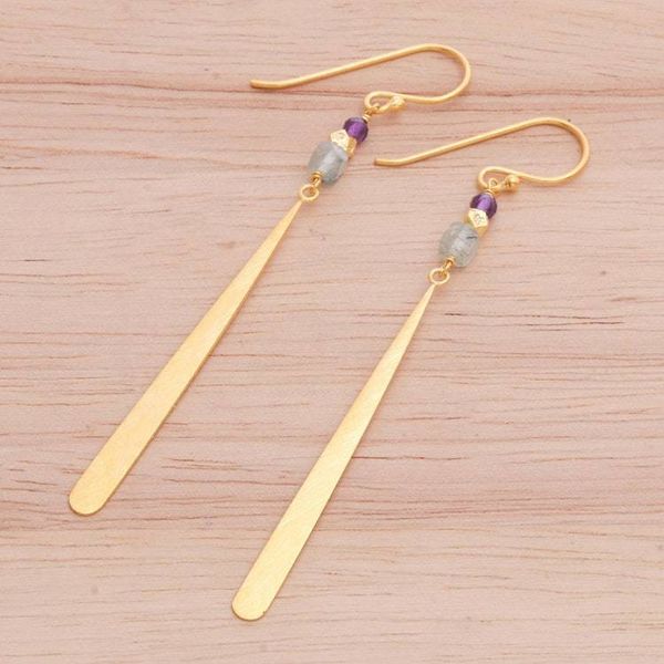 Alternate image for Gold-Plated Prehnite and Amethyst Dangle Earrings Golden Dewdrop