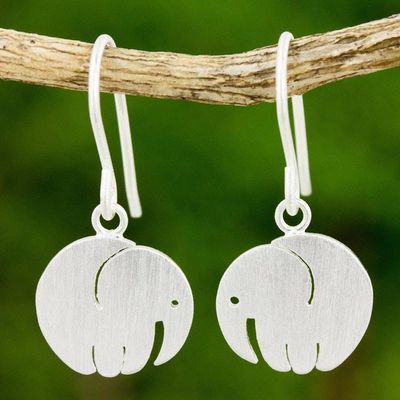 Primary image for Satin Finish Thai Sterling Silver Elephant Earrings Little Round Elephant