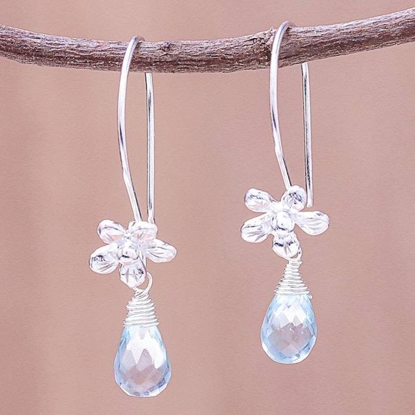 Alternate image for Floral Faceted Blue Topaz Dangle Earrings from Thailand Daisy Glitter
