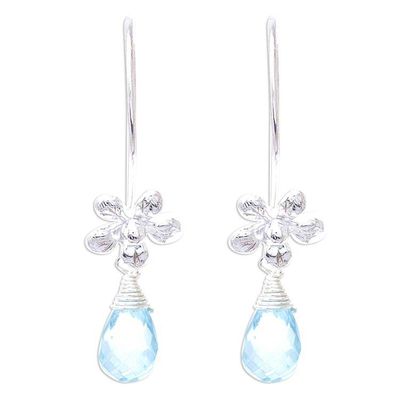 Alternate image for Floral Faceted Blue Topaz Dangle Earrings from Thailand Daisy Glitter