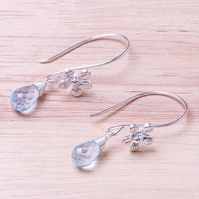 Alternate image for Floral Faceted Blue Topaz Dangle Earrings from Thailand Daisy Glitter