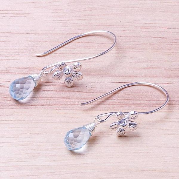 Alternate image for Floral Faceted Blue Topaz Dangle Earrings from Thailand Daisy Glitter