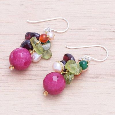 Alternate image for Hand Made Garnet and Peridot Dangle Earrings Bright Holiday