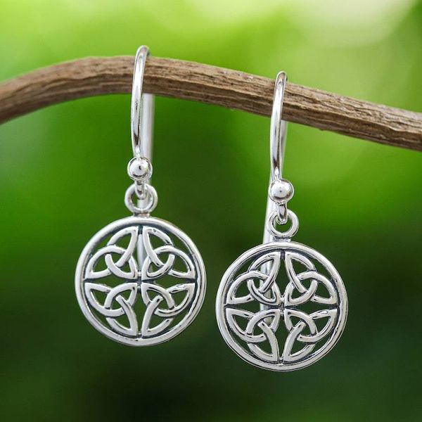 Alternate image for Handcrafted Sterling Silver Labyrinth Circle Dangle Earrings Interconnected in Silver