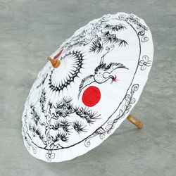 Image for Traditional Crane-Themed Cotton and Bamboo Parasol in White Immortal Cranes