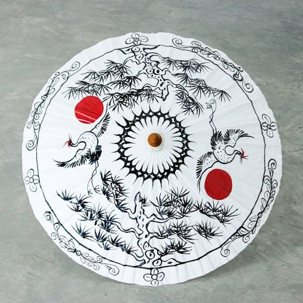 Alternate image for Traditional Crane-Themed Cotton and Bamboo Parasol in White Immortal Cranes