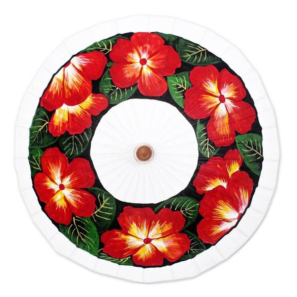 Alternate image for Artisan-Made Painted Floral Red Cotton and Bamboo Parasol Blooms of Love