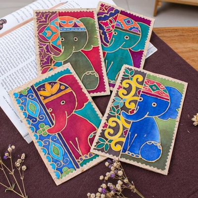Primary image for 4-Piece Batik Cotton and Paper Elephant Greeting Card Set Shy Trunks