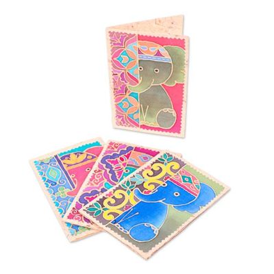 Alternate image for 4-Piece Batik Cotton and Paper Elephant Greeting Card Set Shy Trunks