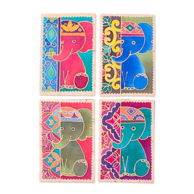 Alternate image for 4-Piece Batik Cotton and Paper Elephant Greeting Card Set Shy Trunks