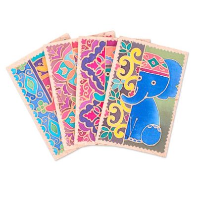 Alternate image for 4-Piece Batik Cotton and Paper Elephant Greeting Card Set Shy Trunks