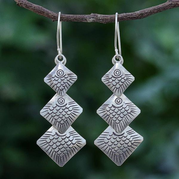 Alternate image for Handmade Sterling Silver Fish-Themed Dangle Earrings Tribal Fish