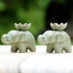 Image for Elephant and Lotus Ceramic Incense Holders from Thailand 2 Lotus Elephant