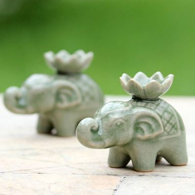 Alternate image for Elephant and Lotus Ceramic Incense Holders from Thailand 2 Lotus Elephant