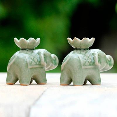 Alternate image for Elephant and Lotus Ceramic Incense Holders from Thailand 2 Lotus Elephant