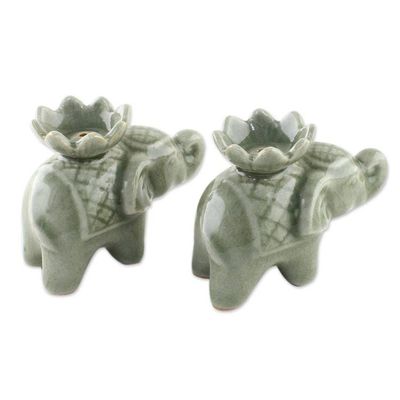 Alternate image for Elephant and Lotus Ceramic Incense Holders from Thailand 2 Lotus Elephant