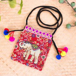 Image for Cotton Blend Elephant  Floral Themed Sling Bag with Pompoms Elephant Style