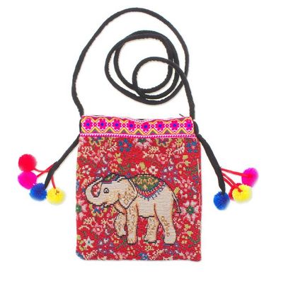 Alternate image for Cotton Blend Elephant  Floral Themed Sling Bag with Pompoms Elephant Style