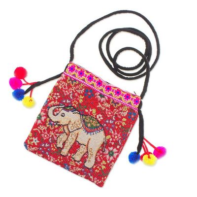 Alternate image for Cotton Blend Elephant  Floral Themed Sling Bag with Pompoms Elephant Style